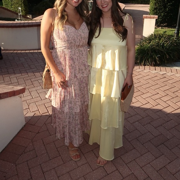 Lulus Cascading Crush Pale Pink Floral Print Tiered Bustier Midi Dress - Picture 3 of 3